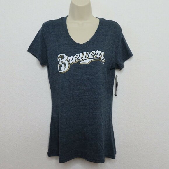 Fanatics Women Large Milwaukee Brewers Baseball V Neck Heathered Blue Shirt NEW - Picture 7 of 7